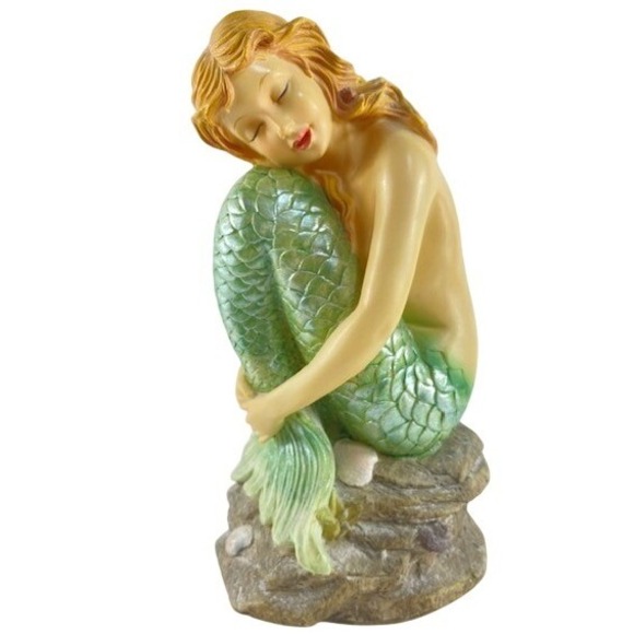 Mermaid Figurine Sitting on Rock Shells Iridescent Green Tail Statue 12 inch - Picture 2 of 10